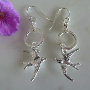 Silver Circle & Swallow Earrings