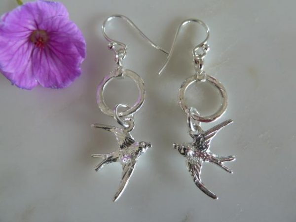 Silver Circle & Swallow Earrings