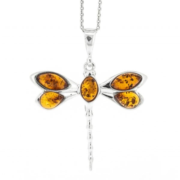 Amber Dragonfly Pendant & Chain - Cognac