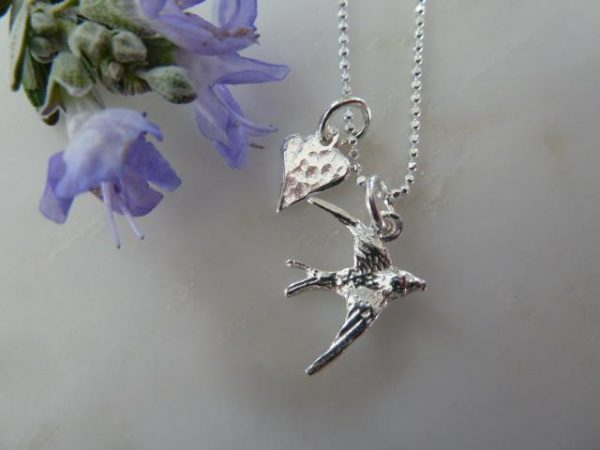 Silver Swallow & Heart Pendant