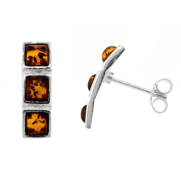 Cognac Amber 3 Squares Stud Earrings