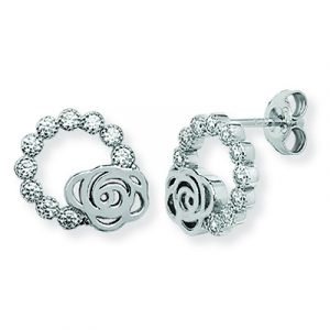 Silver Rose Stud Earrings With CZs