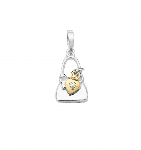 Two-Tone Silver Handbag With CZ Heart Pendant & Chain