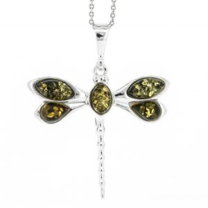 Amber Dragonfly Pendant & Chain - Green