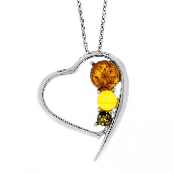 Silver heart with Mixed Amber Balls Pendant & Chain