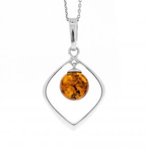 Amber Ball in Diamond Silver Pendant & Chain