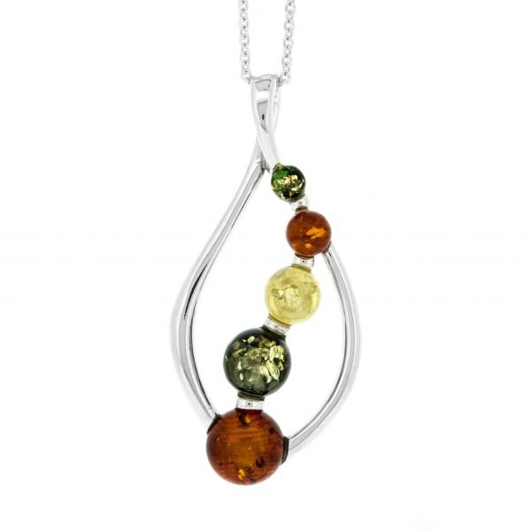 Mixed Amber Balls in Elegant Silver Pendant & Chain