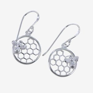 Bee & Honeycomb Earrings - Silver